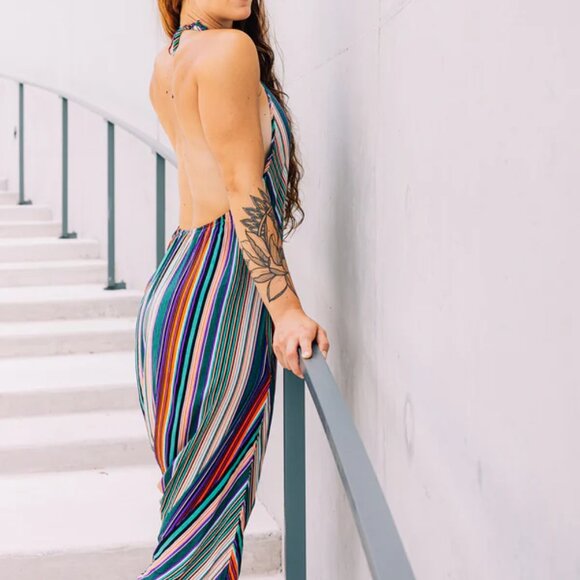 Stripe Harem Jumpsuit Halter Neck Tapered Leg Yoga Travel Boho Green Stripes - Picture 4 of 8